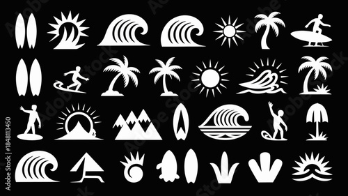 Surfing and Beach Icons Set, White Silhouettes on Black Background