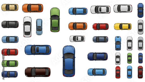 A vibrant overhead collection of diverse vehicles showcasing various colors and models