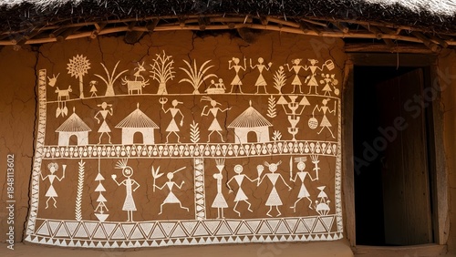 Traditional warli painting on hut wall