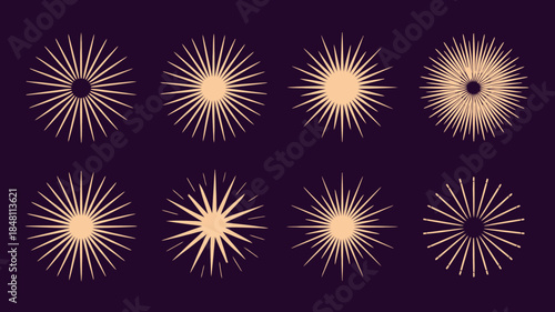 Golden Sunburst Explosions on Dark Purple Background