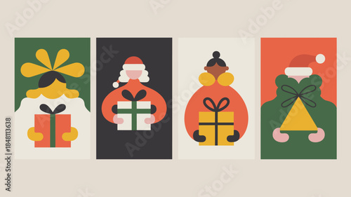 Colorful Minimalist Christmas Icons with Diverse People Holding Gifts