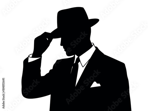 Silhouette of a Man in Suit and Hat Tipping His Brim