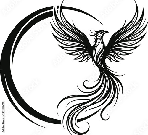 Majestic Phoenix Rising Vector Illustration with Circular Frame Black and White Mythological Bird Tribal Tattoo Design for Rebirth and Strength Concept