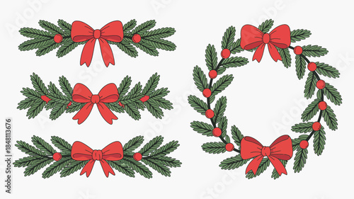 Christmas Wreath and Garlands with Red Bows and Berries