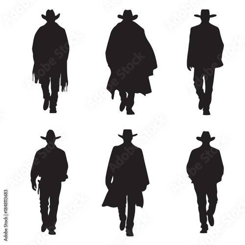 Set of Six Cowboy Silhouettes in Walking Poses. vector design