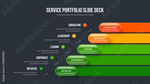 Advertising Launch 5 Step Diagram Presentation Design. Business Overview Slideshow Layout Vector Illustration. Consulting Visualization Five Option Infographic Slide Template.