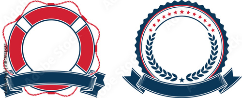 Dual Emblem Illustration – Maritime Life Ring and Patriotic Laurel Seal with Navy Ribbon Banners