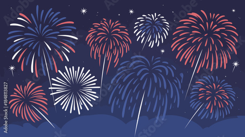 Vibrant Fireworks Display in Red, White, and Blue Colors Against a Starry Night Sky