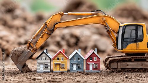 Miniature houses and an excavator in the sand. Concept of construction, demolition, and risks in the real estate market.