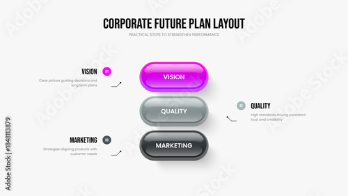 Marketing Solution 3 Option Infographic Slide Layout. Market Strategy Frame Design Vector Illustration. Professional Briefing Three Element Diagram Slideshow Template.