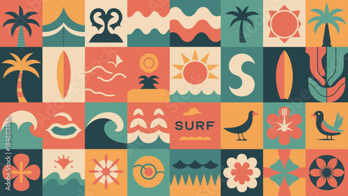 Vintage Surfing Icons Patchwork