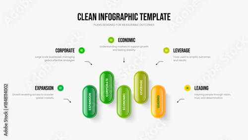 Visual Visualization 5 Element Infographic Slideshow Design. Marketing Review Presentation Layout Vector Illustration. Project Profile Five Step Diagram Slide Template.