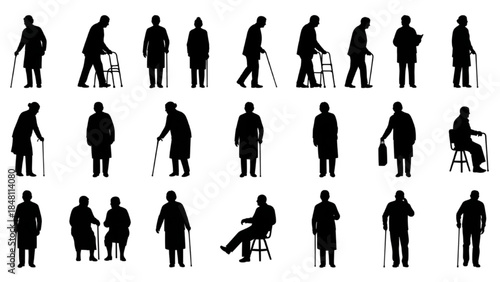 Collection of Silhouettes of Elderly People with Walking Aids