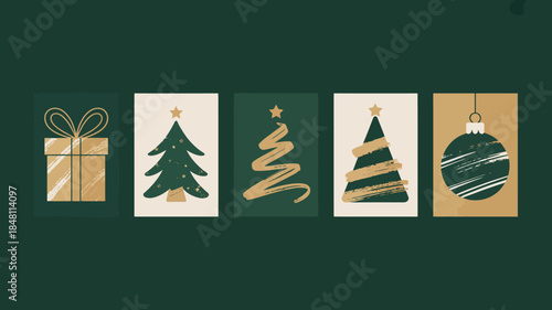 Christmas Icons Set: Gift Box, Tree, Swirl, Star, Ornament in Green and Gold