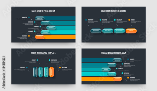 Market Planning 5 4 Element Infographic Slide Design Set. Project Report Five Four Step Diagram Slideshow Layout Vector Illustration Bundle.