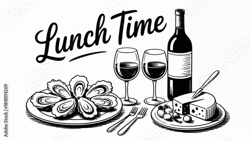 Lunch Time Illustration with Oysters, Wine, Cheese, and Utensils