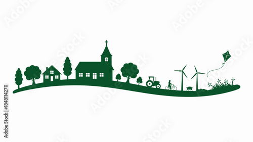 Eco-friendly village landscape with renewable energy and sustainable living