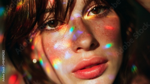 Portrait of a girl with rainbow light patterns on her face