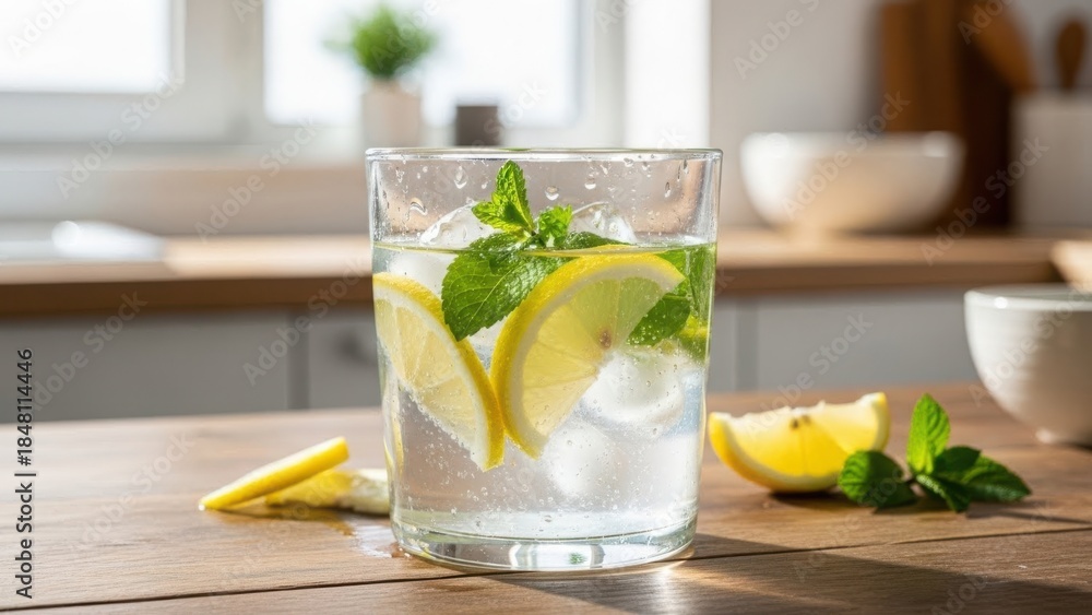 Fototapeta premium Refreshing glass of cold water with lemon slices, mint and ice. Healthy homemade detox drink for hydration and wellness on a kitchen counter in bright sunlight
