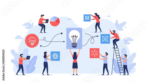 Collaborative Innovation Process with Diverse Team Members Developing New Ideas and Strategies