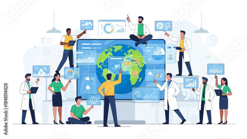 collaborative international team analyzing global data on advanced digital devices and technology