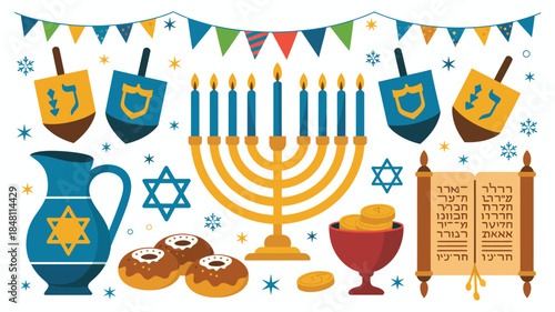 Hanukkah celebration with traditional symbols and objects