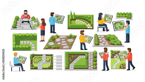 collaborative landscape design planning with diverse team analyzing garden layouts and landscape