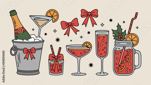 Festive Holiday Drinks and Champagne with Bows and Ice Bucket