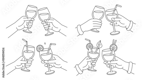 Hands holding wine and cocktail glasses in various toasting poses, line art illustrations