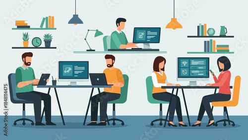 Collaborative office workspace with team members using digital devices and shared computers