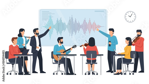 Collaborative music production session with musicians and sound engineers in a modern studio