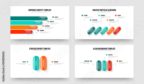 Advertising Performance 4 5 2 3 Element Diagram Slide Design Set. Visual Innovation Four Five Two Three Option Infographic Slideshow Layout Vector Illustration Collection.