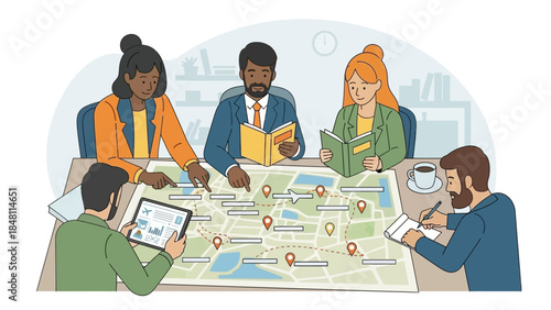 Collaborative team planning session using a detailed strategic map in modern office setting