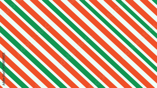 Candy cane diagonal stripes background. Red and green Christmas seamless pattern. Repeating decoration wallpaper. Xmas peppermint present wrapping print design. modern background