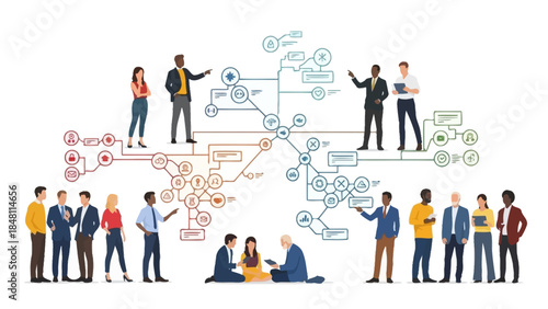 Collaborative team discussion with interconnected digital workflow and diverse professionals