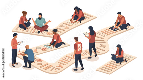 Collaborative team working on a creative project utilizing digital tablets and documents in a