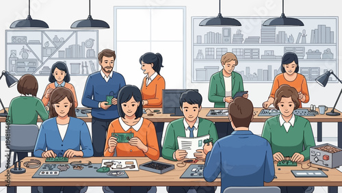 Collaborative Team in Modern Open Office Space Engaged in Creative Workshop Activities