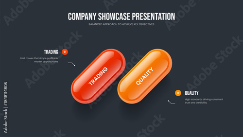 Advertising Report Slideshow Template Vector Illustration. Visual Innovation Two Option Diagram Presentation Design. Financial Development 2 Element Infographic Frame Layout.