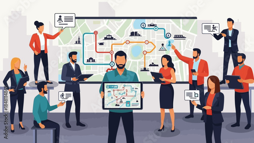 collaborative urban planning and data analysis with diverse team members in a modern control room