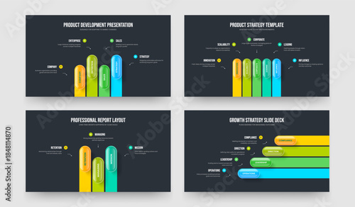 Market Strategy Four Five Three Element Infographic Slideshow Design Vector Illustration Bundle. Modern Planning 4 5 3 Option Diagram Slide Template Collection.