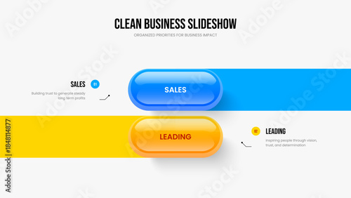 Market Briefing Slide Template Vector Illustration. Digital Campaign Two Step Infographic Slideshow Design. Modern Strategy 2 Option Diagram Frame Layout.