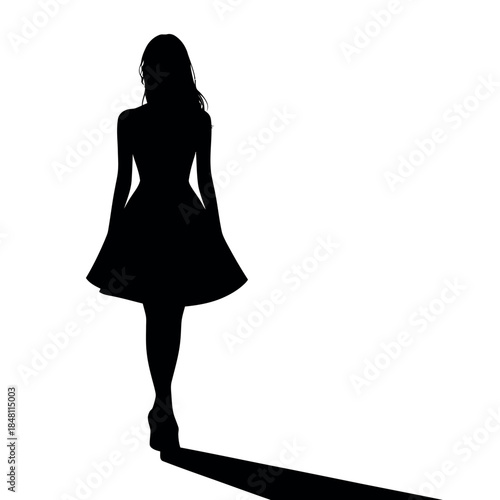 Silhouette of Woman in Flowing Dress Walking Alone on White Background