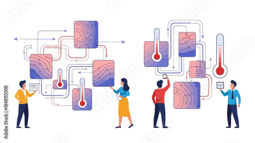 Complex industrial process illustration showcasing temperature regulation and fluid flow with