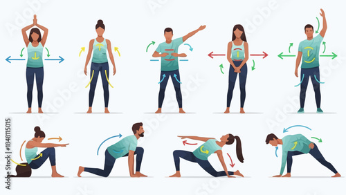 Comprehensive Illustration of Diverse Yoga and Stretching Exercises Demonstrated by Individuals in