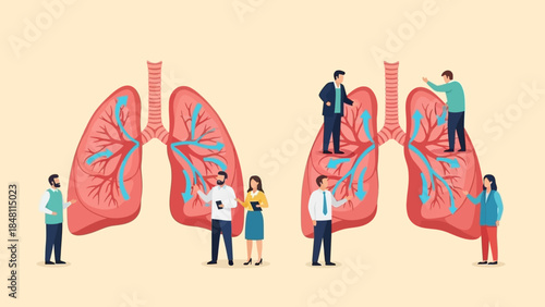 Comprehensive Illustration of Human Lungs with Medical Professionals and Study Context