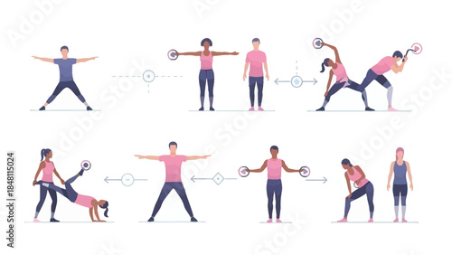 Comprehensive illustration of various fitness exercises demonstrating strength flexibility and