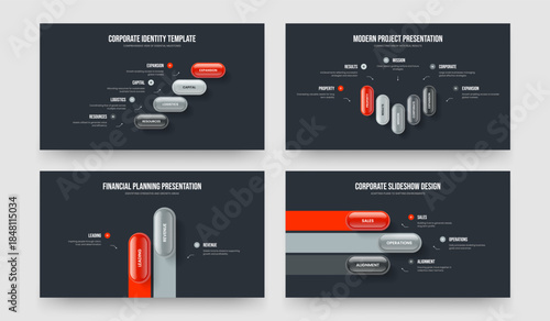 Project Report 4 5 2 3 Element Infographic Presentation Layout Set. Professional Campaign Four Five Two Three Step Diagram Slide Template Vector Illustration Collection.