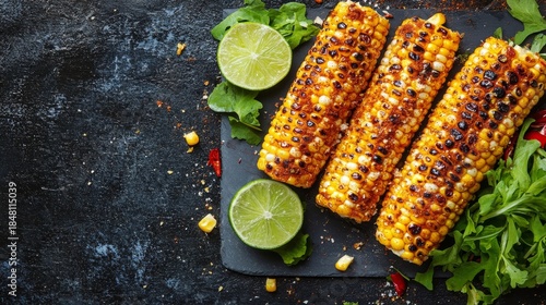 Grilled corn on the cob with a sprinkle of chili powder, lime, and a side of mixed greens. --ar 16:9 --v 6.1 Job ID: ebae68fa-a15d-4e9e-8cfc-c1c2170420cd