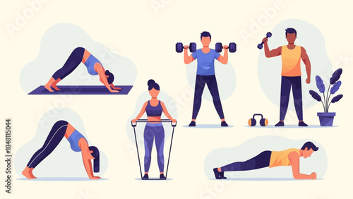 comprehensive workout routine featuring flexibility strength and endurance exercises in a modern