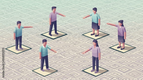 conceptual illustration of individuals standing on designated platforms with outstretched arms in